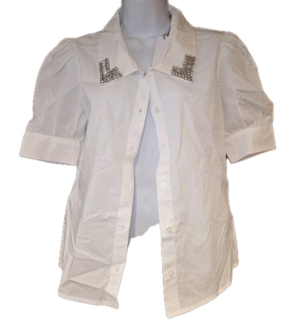 Nwt Jason Wu White Puff Sleeve Button Up Blouse With Rhinestone Collar Sz XS